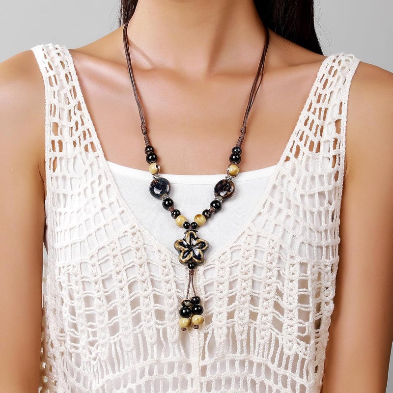 DS Boho Beaded Necklace for Women–Colorful Ceramic & African Tribal Beads, Adjustable Long Chunky Bohemian Jewelry with Gift Box Packaging,Hippie Witchy Vintage Handmade Fashion Statement Necklace - Image 5